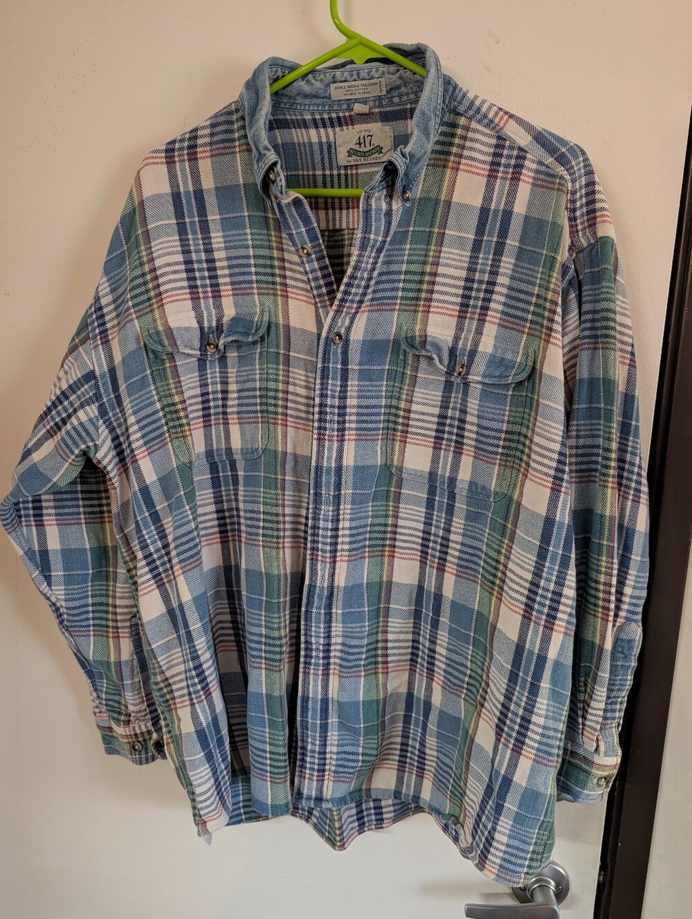Vintage Van Heusen Blue and Green Plaid Button-Down Shirt